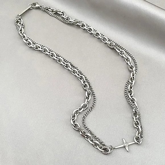Brand New Cross CHUNKY THICK CHAIN CHOKER SPLICING DOUBLE LAYER NECKLACE - Picture 3 of 6
